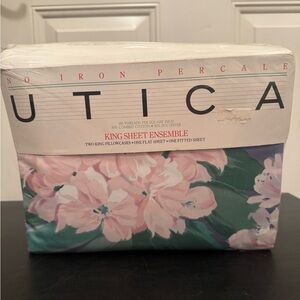 Vintage 80s Utica No Iron Percale Villa Pink Flower King 4 Piece Sheet Set